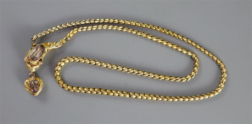 An early Victorian two colour gold and foil backed topaz? set mourning drop necklace,